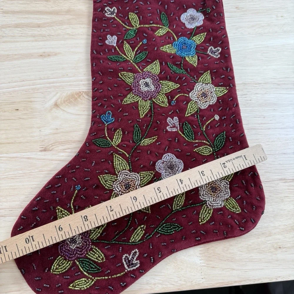 Christmas Stocking‎ Flowers Burgundy Red Green Lillian Vernon VTG Beaded Velvet